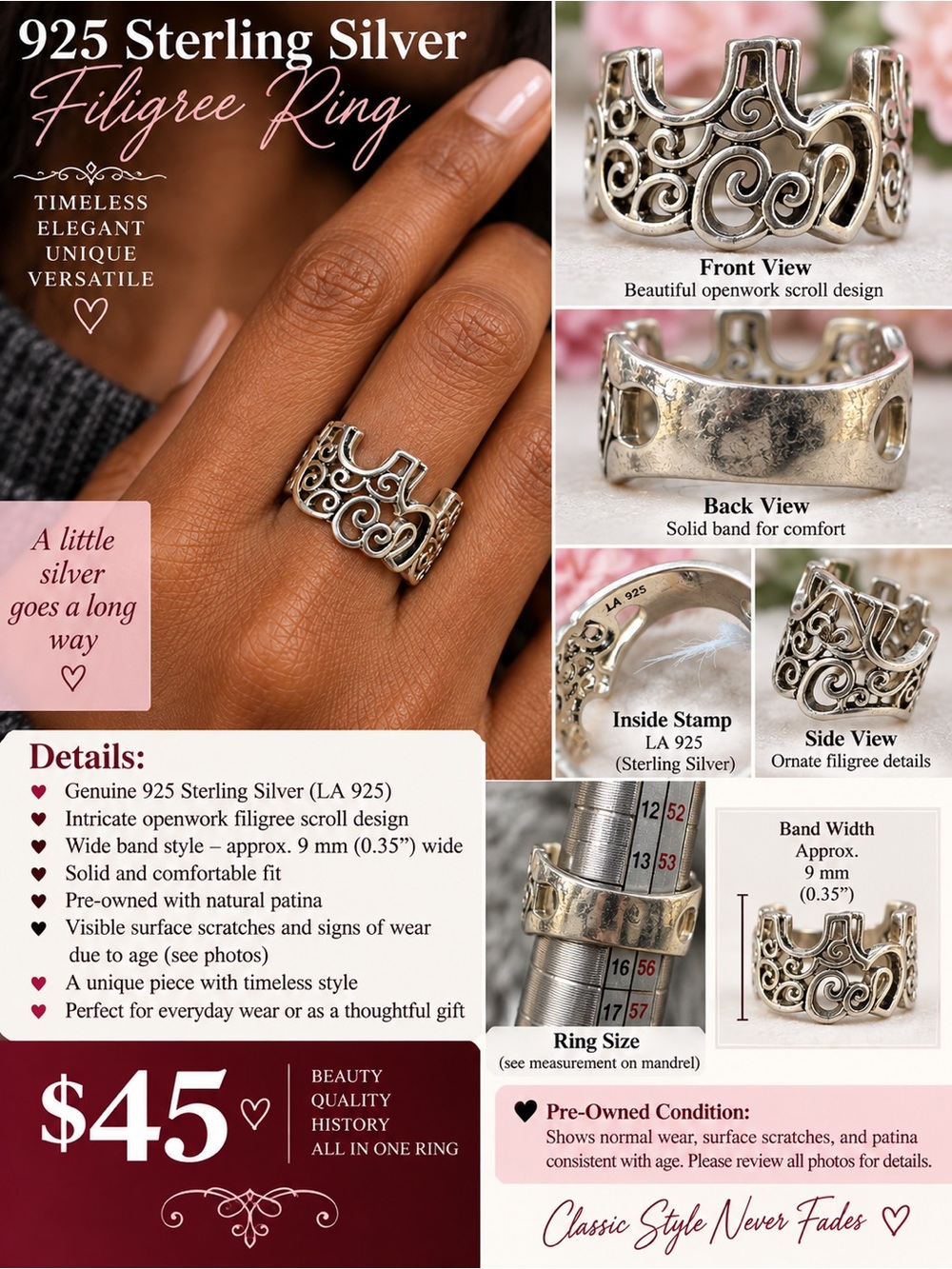 925 Sterling Silver Filigree Wide Band Ring - Silver